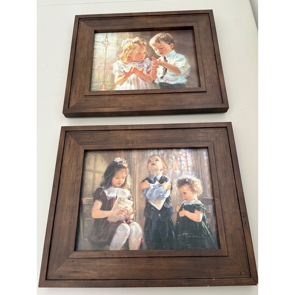 VTG Kathryn Fincher  Framed Art Print Children Playing "Jesus Loves Me" - Picture 1 of 6